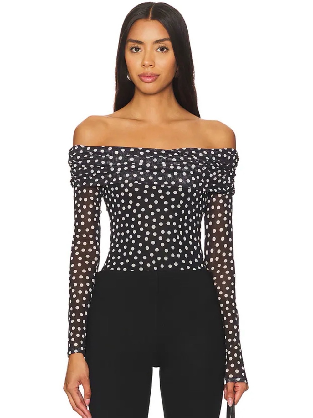 MAJORELLE Black and White Polka Dot Off-Shoulder Bodysuit